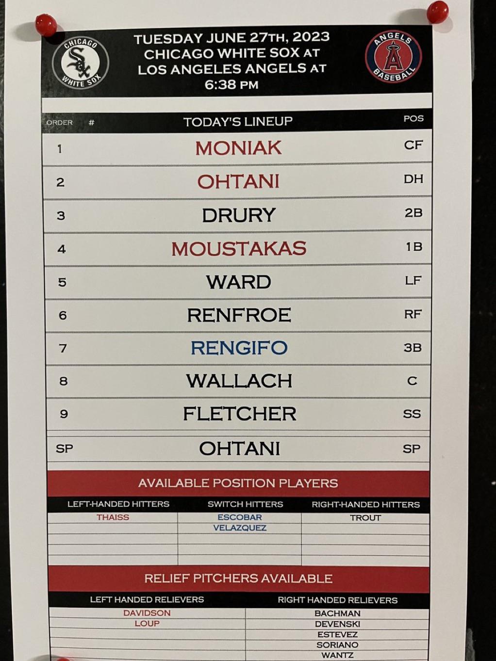 Lineup for Ohtani day! Trout has a day off. Escobar is back after passing his citizenship test but isn’t starting. Moustakas is batting cleanup. 😳