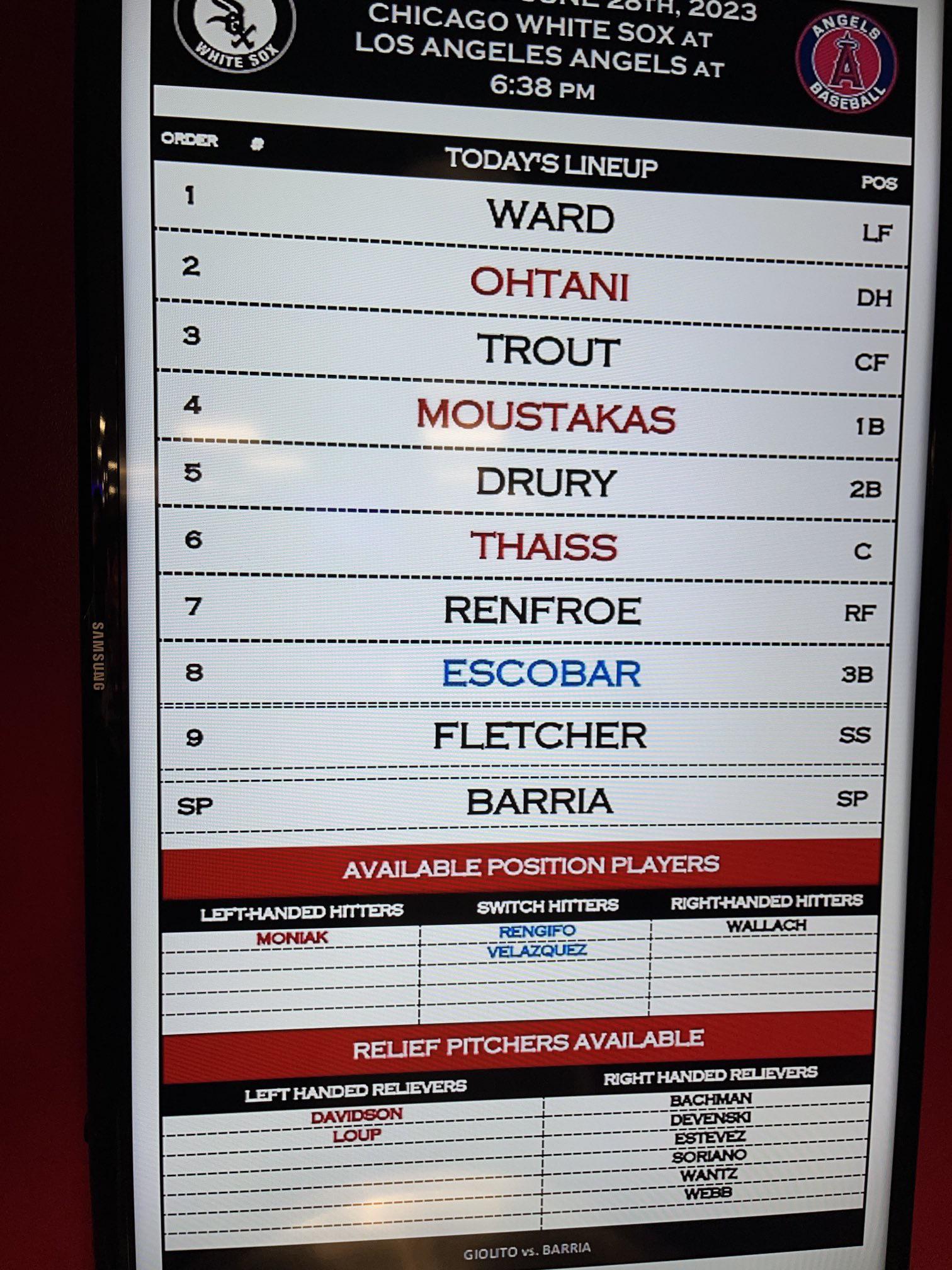 Lineup for game 3 of the White Sox series shows Escobar back at 3B, Moustakas hitting cleanup again but no Moniak.