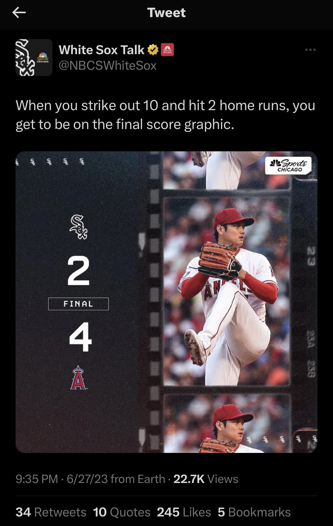 Shohei Ohtani in the White Sox final score graphic