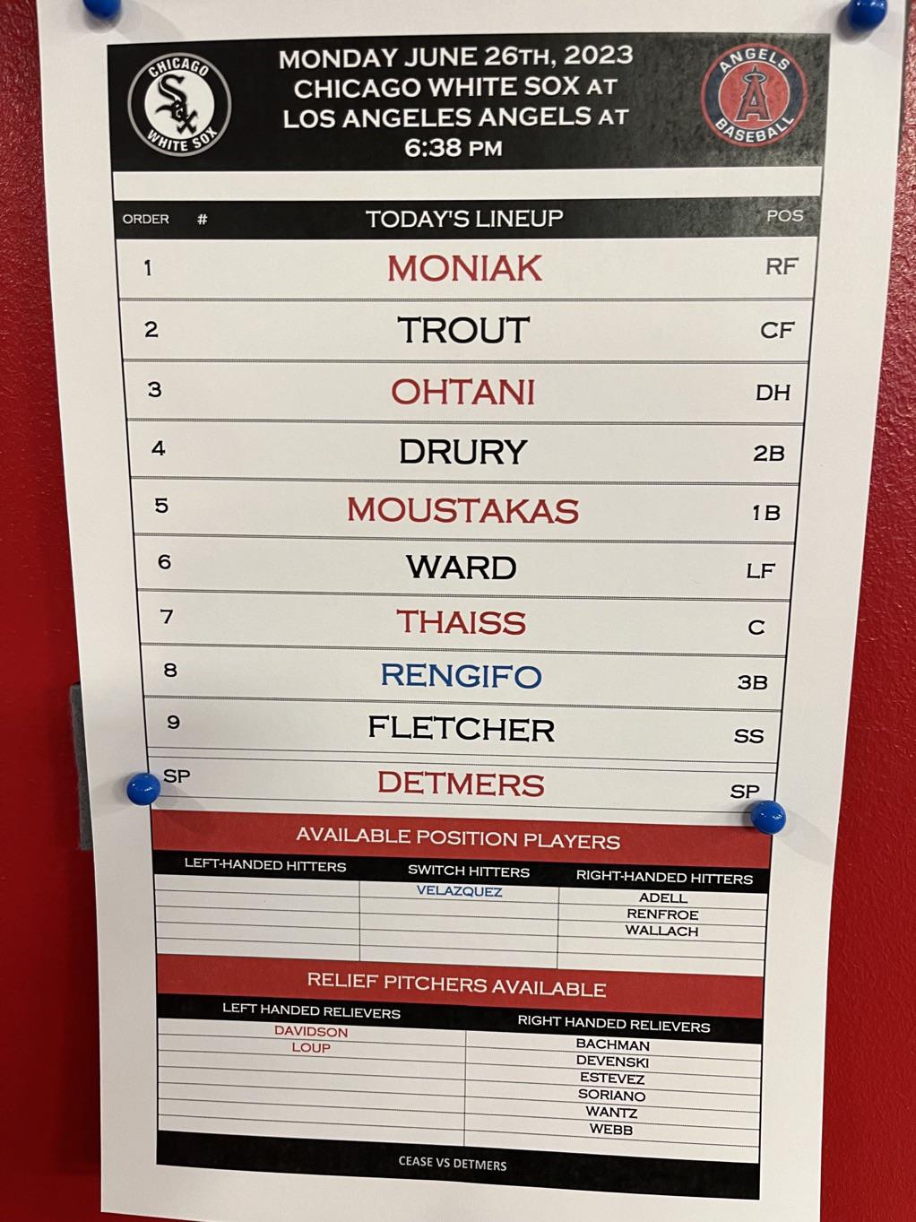 Let’s try this again because there is a new lineup… Moniak leading off in RF, Trout back to batting #2, and Moustakas making his Angels debut at 1B and batting 5th, not 3B. Rengifo is now at 3B, not 2B. Drury at 2B, not 1B.