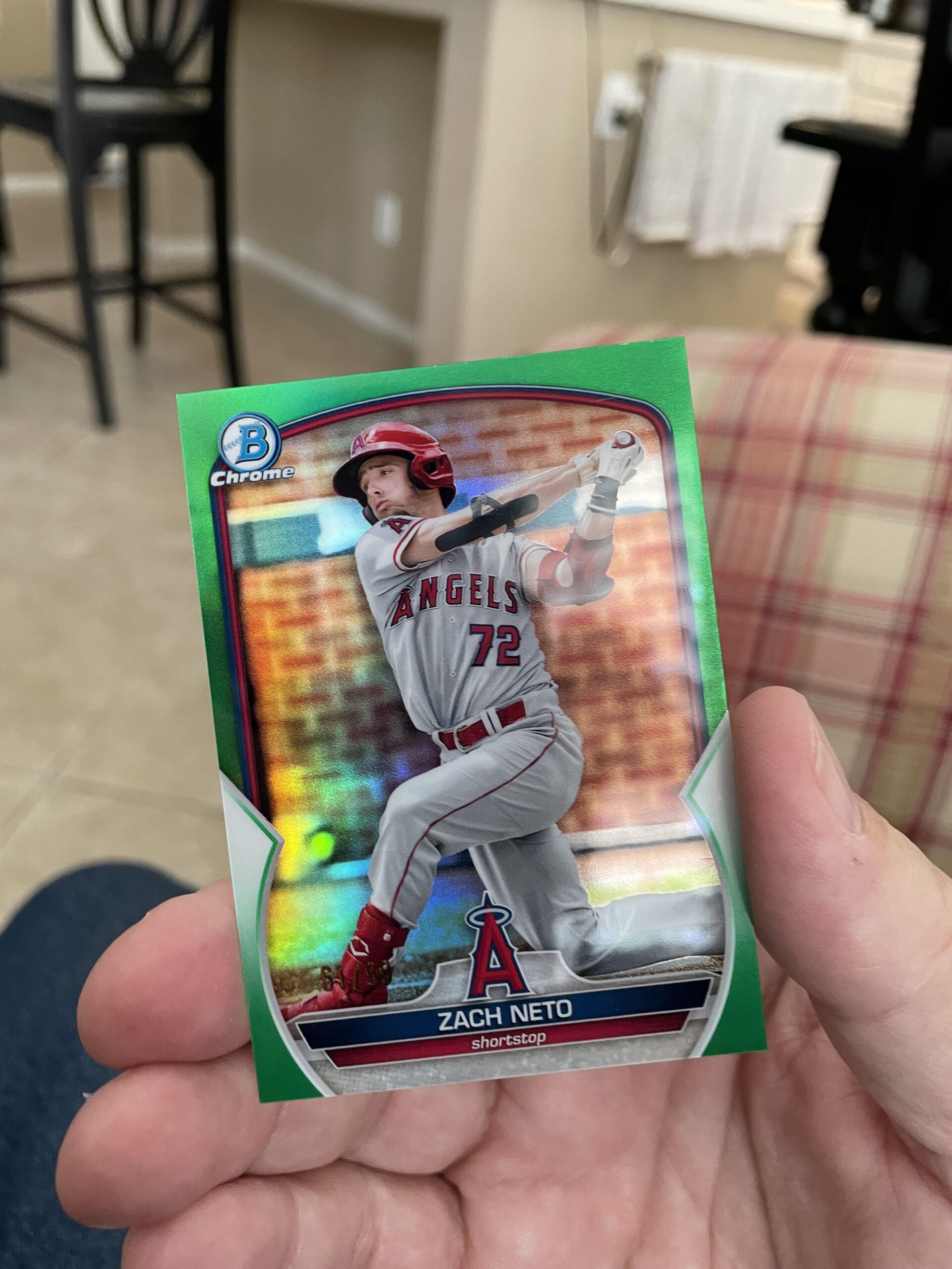 Happy Father’s Day! I got my dad some Bowman baseball cards, hoping he’d pull a Neto. Sure enough, there’s a green refractor numbered out of 99!