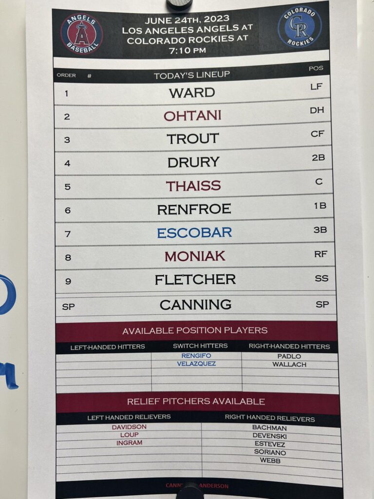 Quite an interesting lineup tonight. Renfroe is at 1B for the first time. Moniak is in RF. Eduardo Escobar makes his Angels debut at 3B. Fletcher is playing SS.