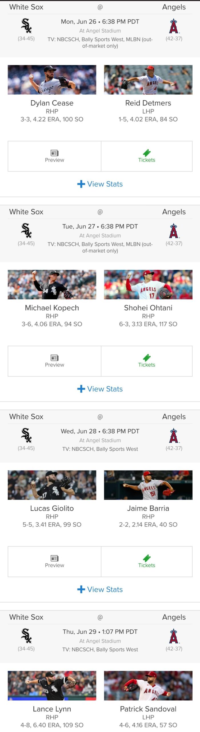 Here’s how our starting pitching stacks up against the White Sox for the 4 game set in Anaheim