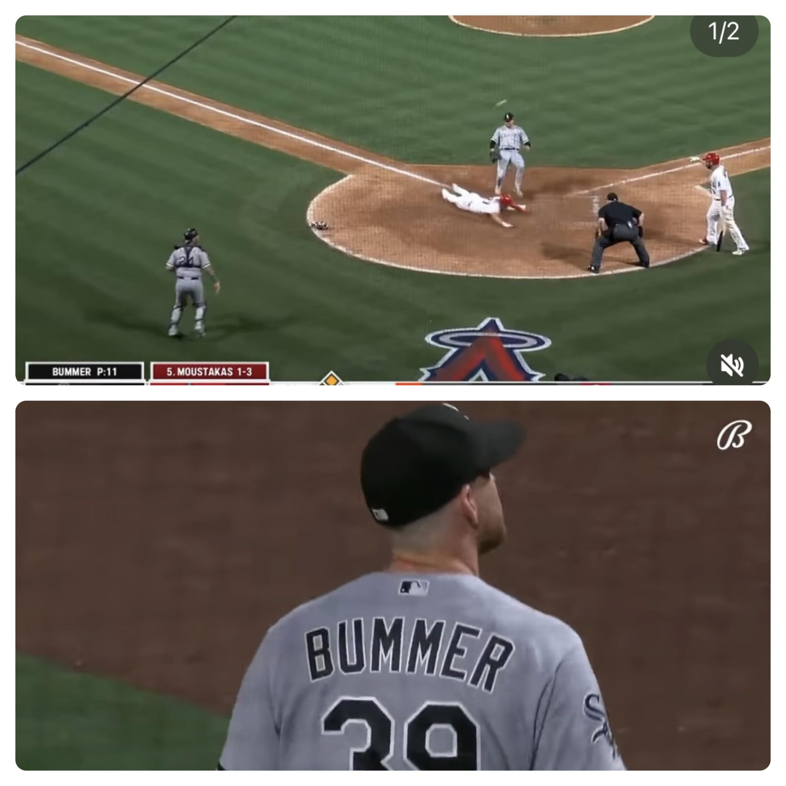 Trout steels home on a wild pitch to win the game and the cameraman catches Bummer looking…bummed…walking away.