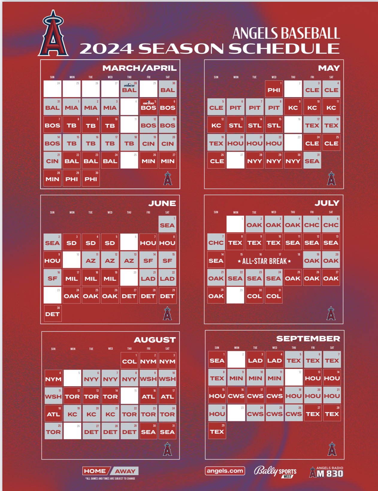 Angels 2024 schedule. We open the season @ Baltimore.