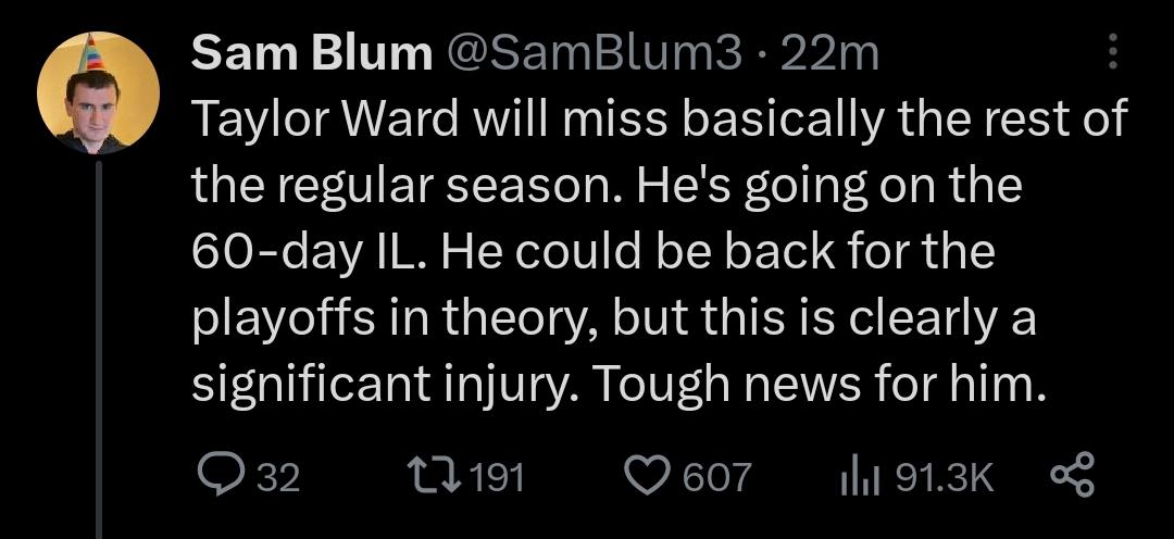 Ward out for the Season