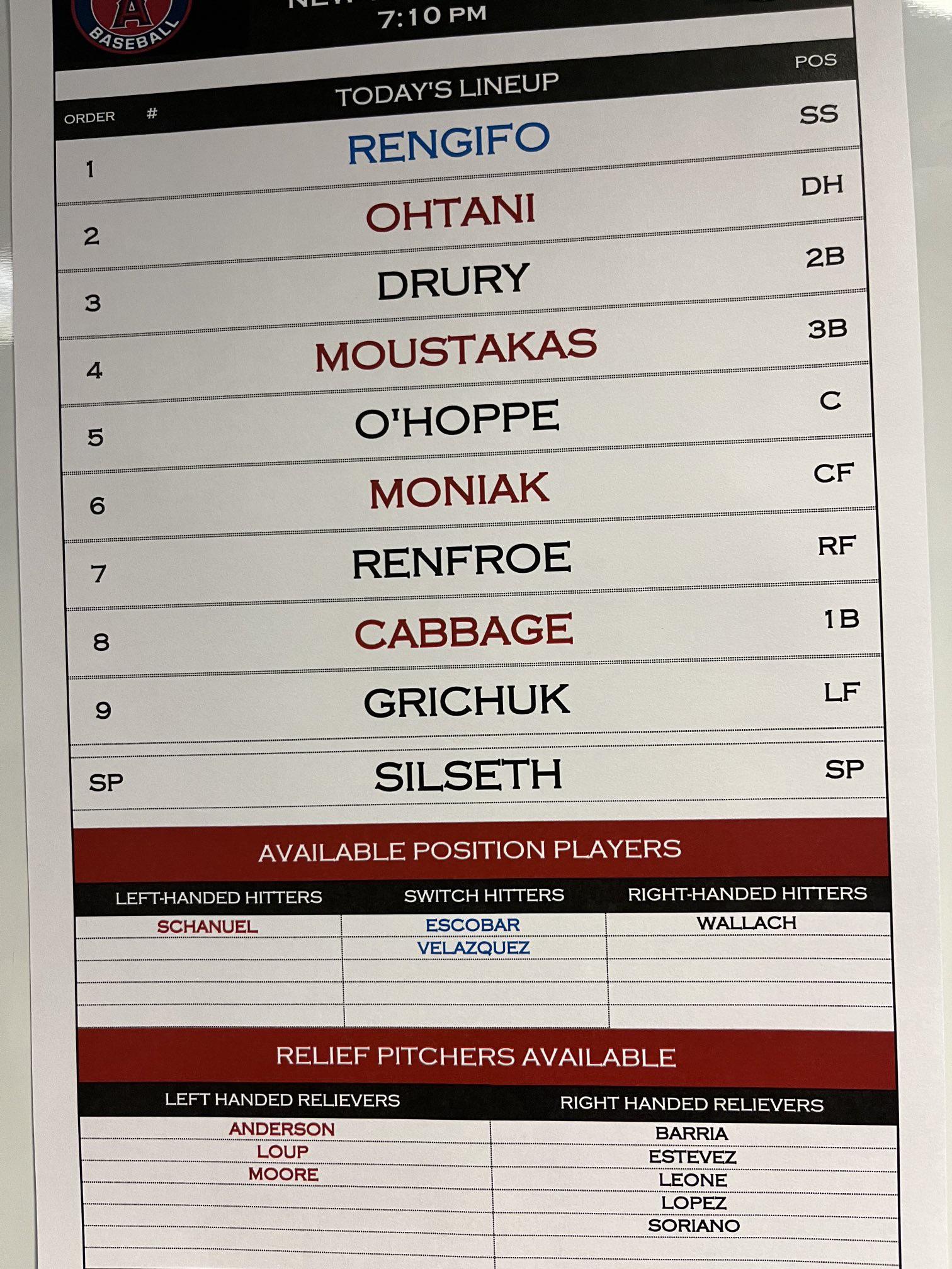 8/26 lineup — per Fletcher: “Nolan Schanuel scratched. He’s not injured. Not a big deal. Details coming shortly.”