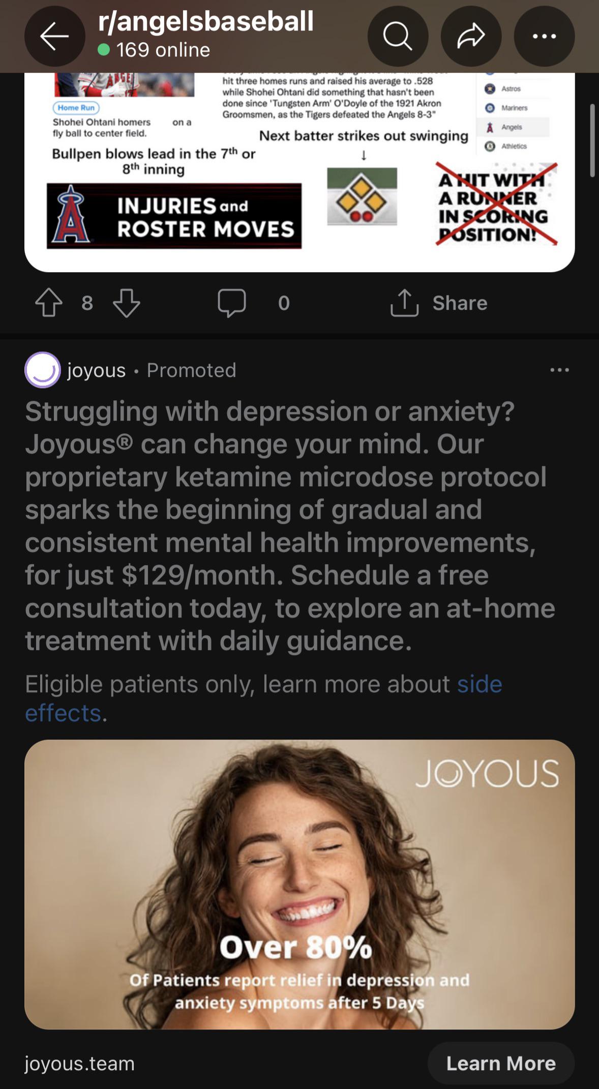 Kind of funny in an Angels Subreddit the joyous ad is promoted with the first words “struggling with depression or anxiety?” like yeah duh that’s the life of an Angels fan