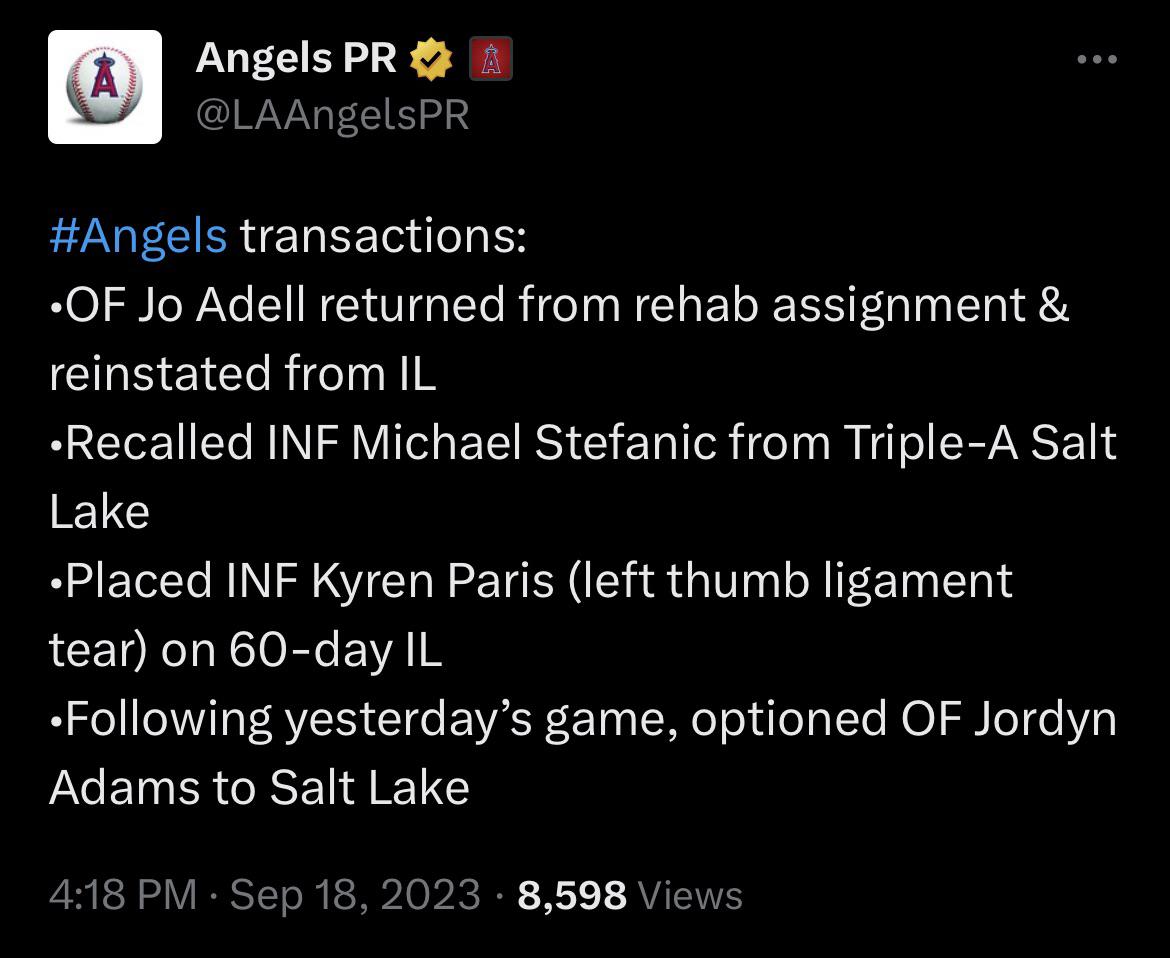 A slew of transactions today — Adell and Stefanic back, Paris done for the year, and Adams to AAA