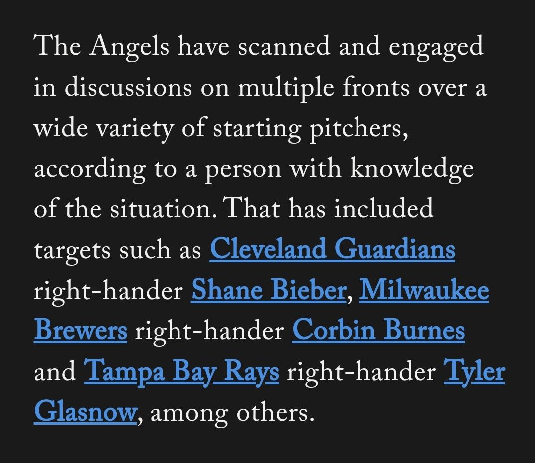 Angels have reportedly been engaged in trade discussions targeting Shane Bieber, Corbin Burnes, and Tyler Glasnow. (Excerpt from The Athletic)