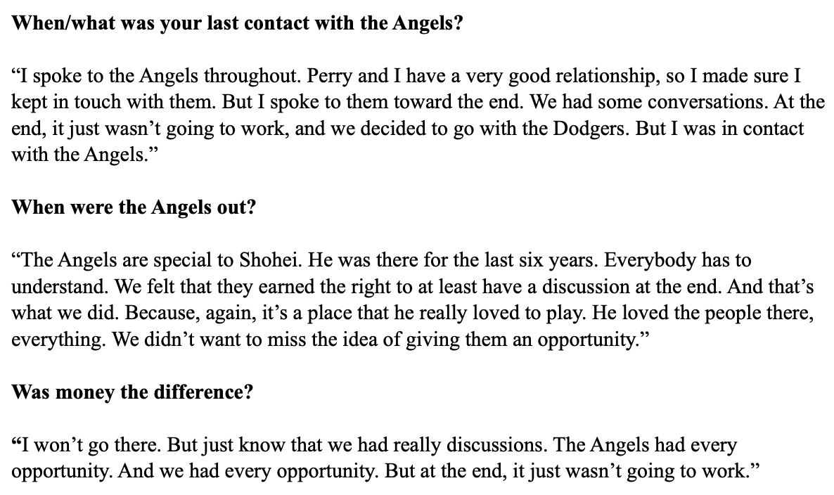 [Blum] Here’s the full transcript of what Shohei Ohtani’s agent Nez Balelo said regarding their negotiations with the Angels. “The Angels had every opportunity.”