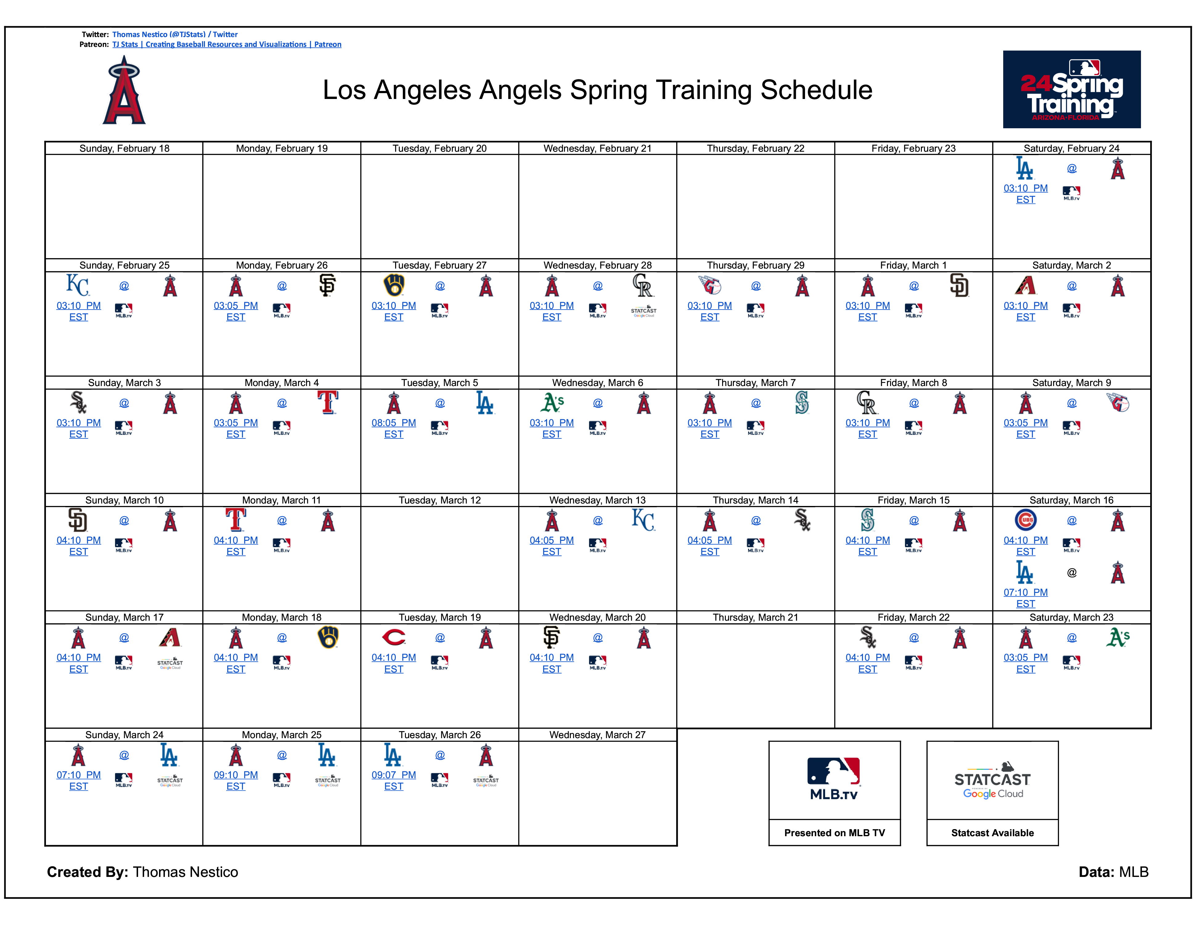 Los Angeles Angels Spring Training Schedule (MLB TV and Statcast Games Indicated)