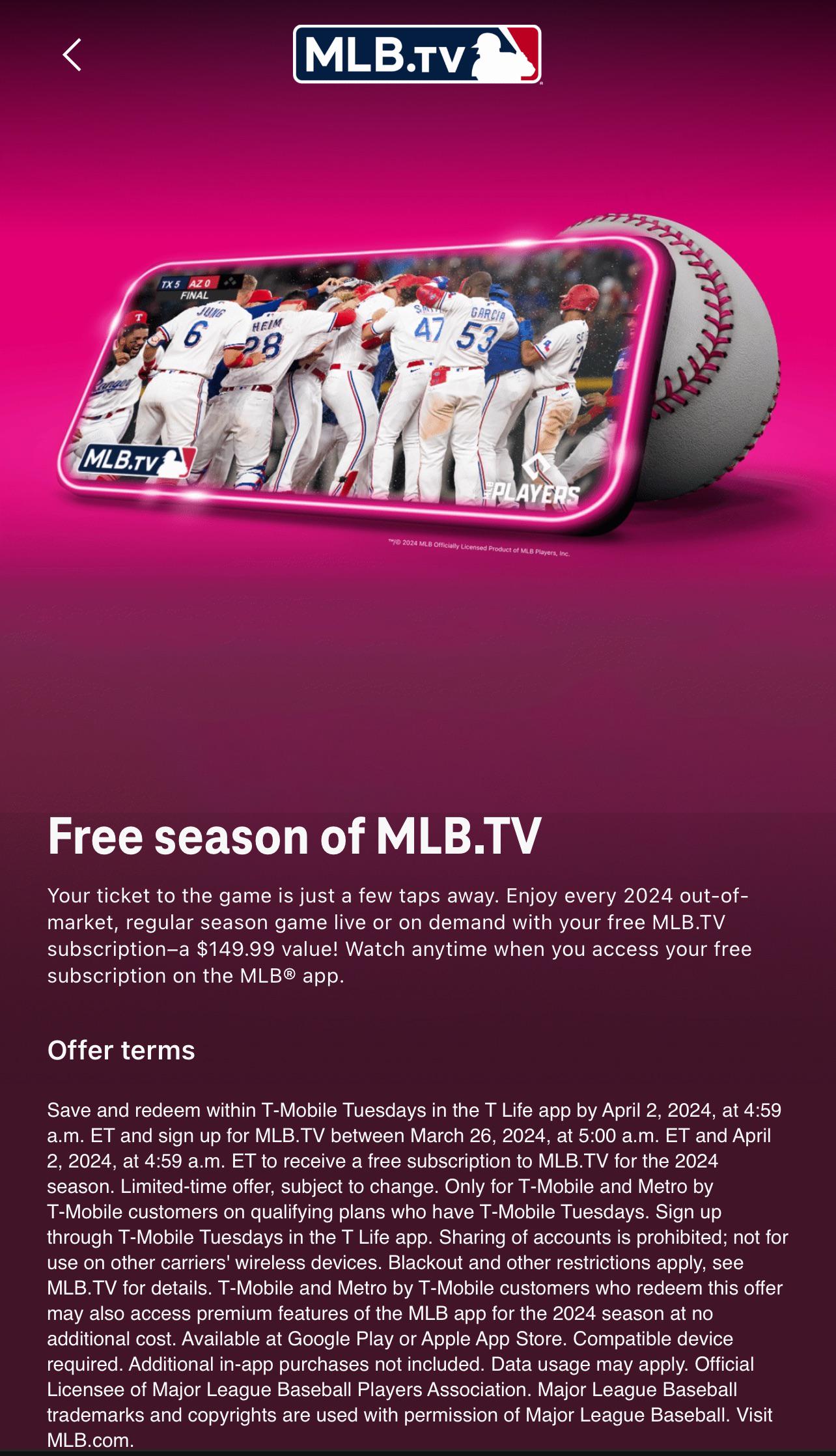 reminder if you have t mobile you can redeem mlbtv for free starting today