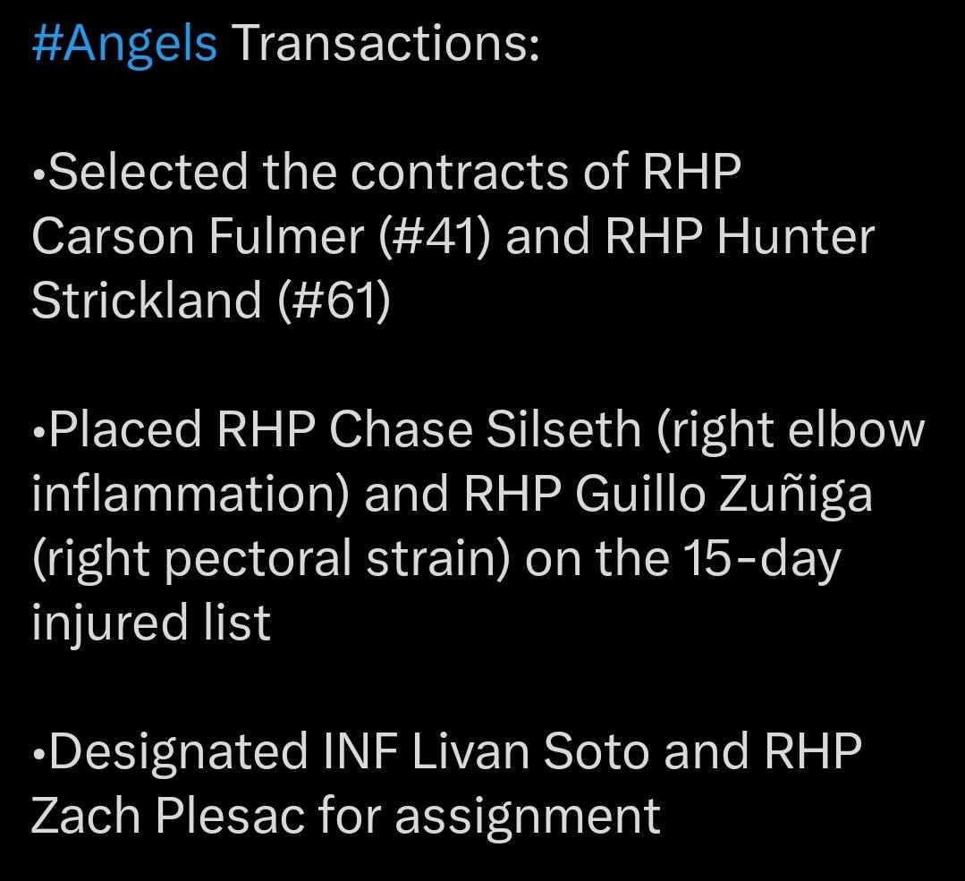 Transactions for today. Silseth (elbow inflammation) and Zuñiga (pectoral strain) to IL, Soto and Plesac DFA’d, Fulmer and Strickland up.