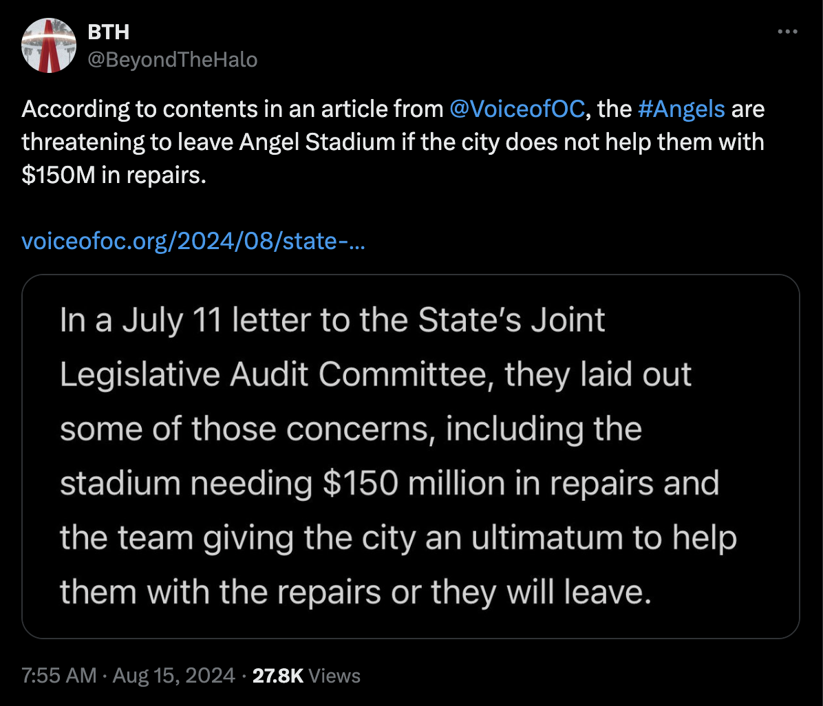 [BeyondTheHalo]According to contents in an article from VoiceofOC, the #Angels are threatening to leave Angel Stadium if the city does not help them with 0M in repairs.