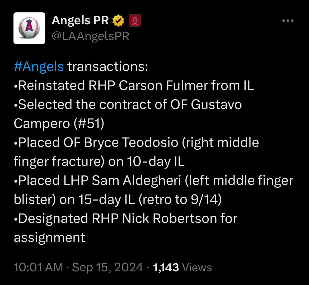 Transactions 9/15 — Fulmer back, Campero up, and a few guys gone