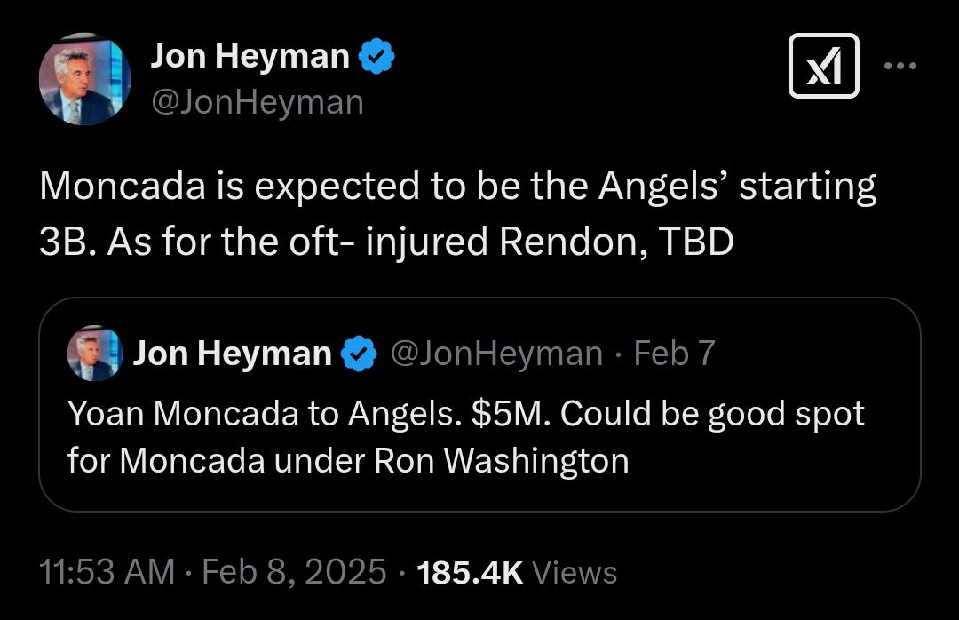 [Jon Heyman] Moncada is expected to be the Angels’ starting 3B. As for the oft- injured Rendon, TBD