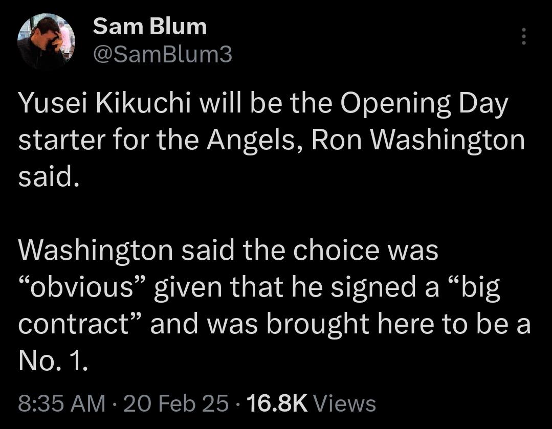 [Blum] Yusei Kikuchi will be the Opening Day starter for the Angels, Ron Washington said. Washington said the choice was “obvious” given that he signed a “big contract” and was brought here to be a No. 1.