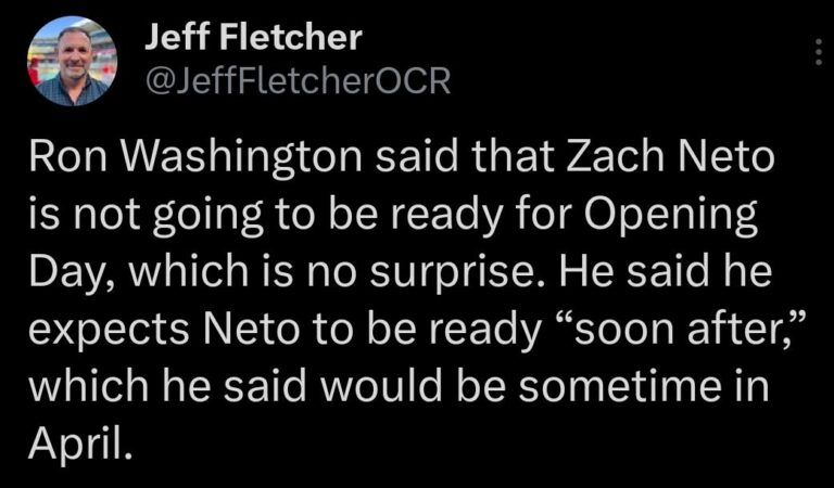 [Fletcher] Ron Washington said that Zach Neto is not going to be ready for Opening Day, which is no surprise. He said he expects Neto to be ready “soon after,” which he said would be sometime in April.