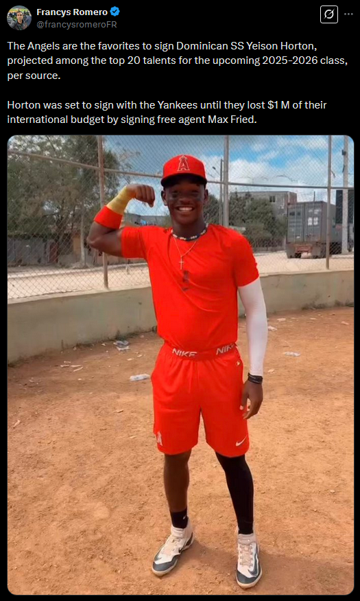 [Francys Romero] “Angels are the favorites to sign Dominican SS Yeison Horton, projected among the top 20 talents for the upcoming 2025-2026 class. Horton was set to sign with the Yankees until they lost $1 M of their international budget by signing free agent Max Fried.”