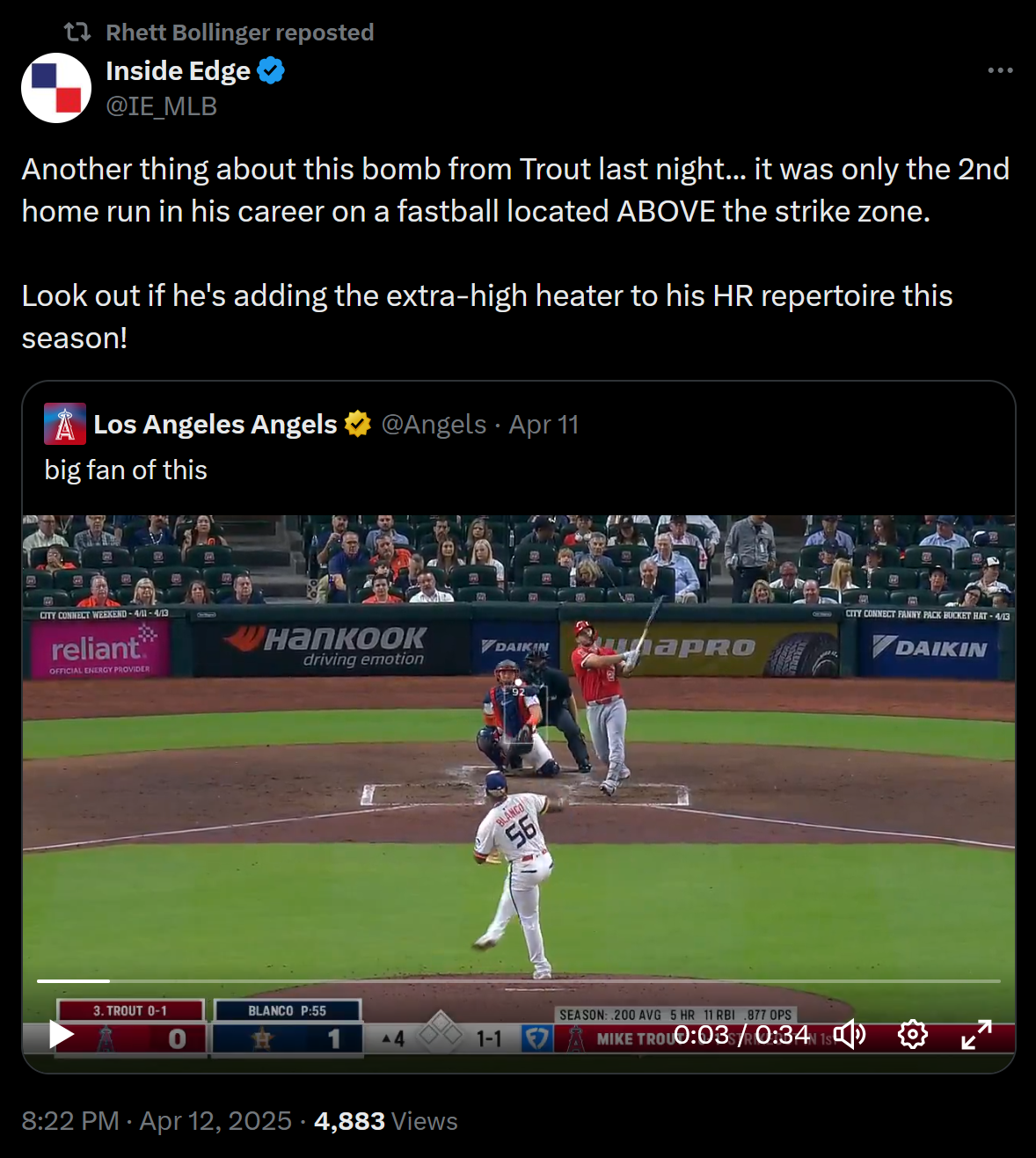 [Inside Edge] Another thing about this bomb from Trout last night… it was only the 2nd home run in his career on a fastball located ABOVE the strike zone. Look out if he’s adding the extra-high heater to his HR repertoire this season!