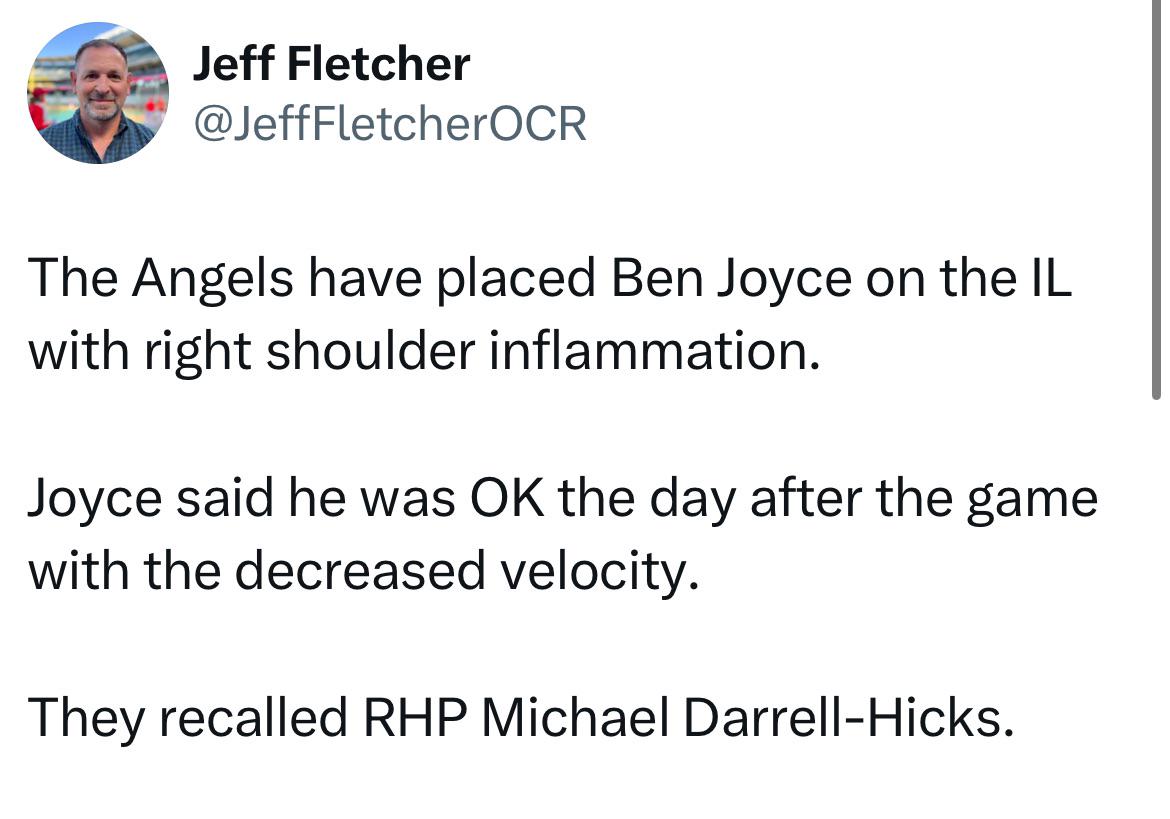The Angels have placed Ben Joyce on the IL with right shoulder inflammation.