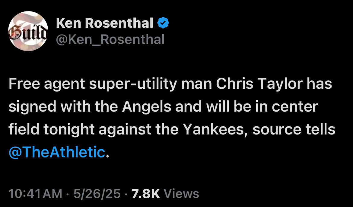 [Ken Rosenthal] Free agent super-utility man Chris Taylor has signed with the Angels and will be in center field tonight against the Yankees, source tells @TheAthletic.