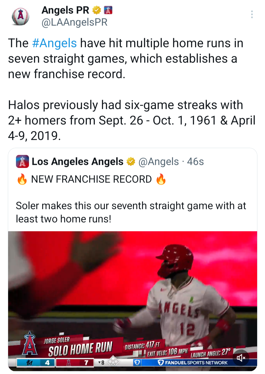 [Angels PR] The #Angels have hit multiple home runs in seven straight games, which establishes a new franchise record
