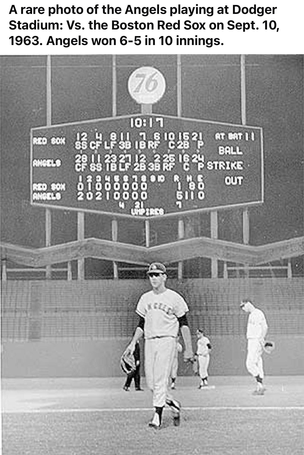 Angels playing at Dodger Stadium: Vs. the Boston Red Sox on Sept. 10, 1963. Angels won 6-5 in 10 innings.