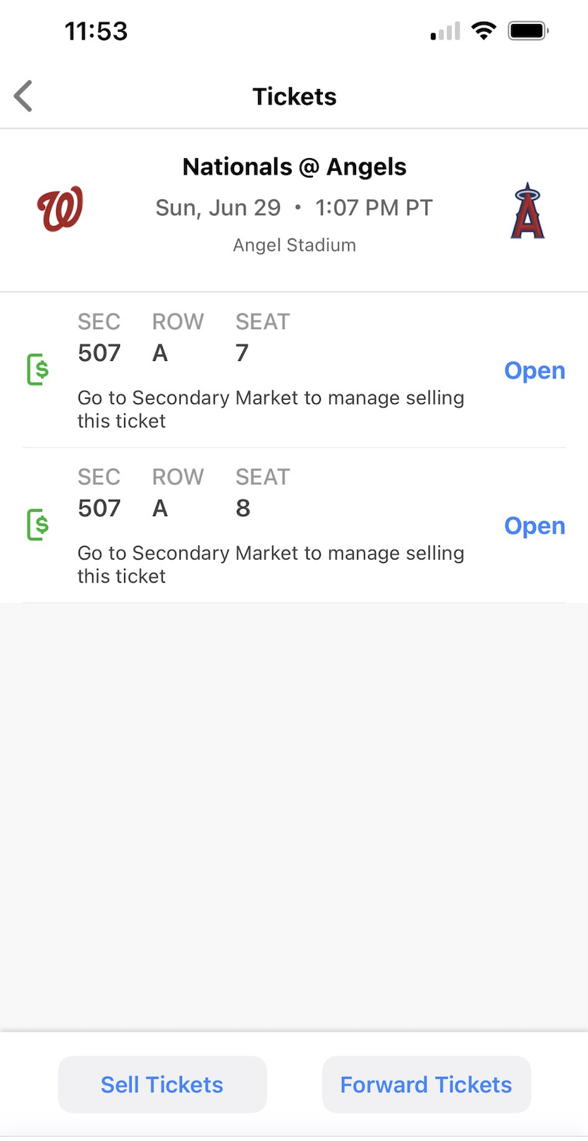 pair of tix for Sunday 6/29 vs. Nationals =  total
