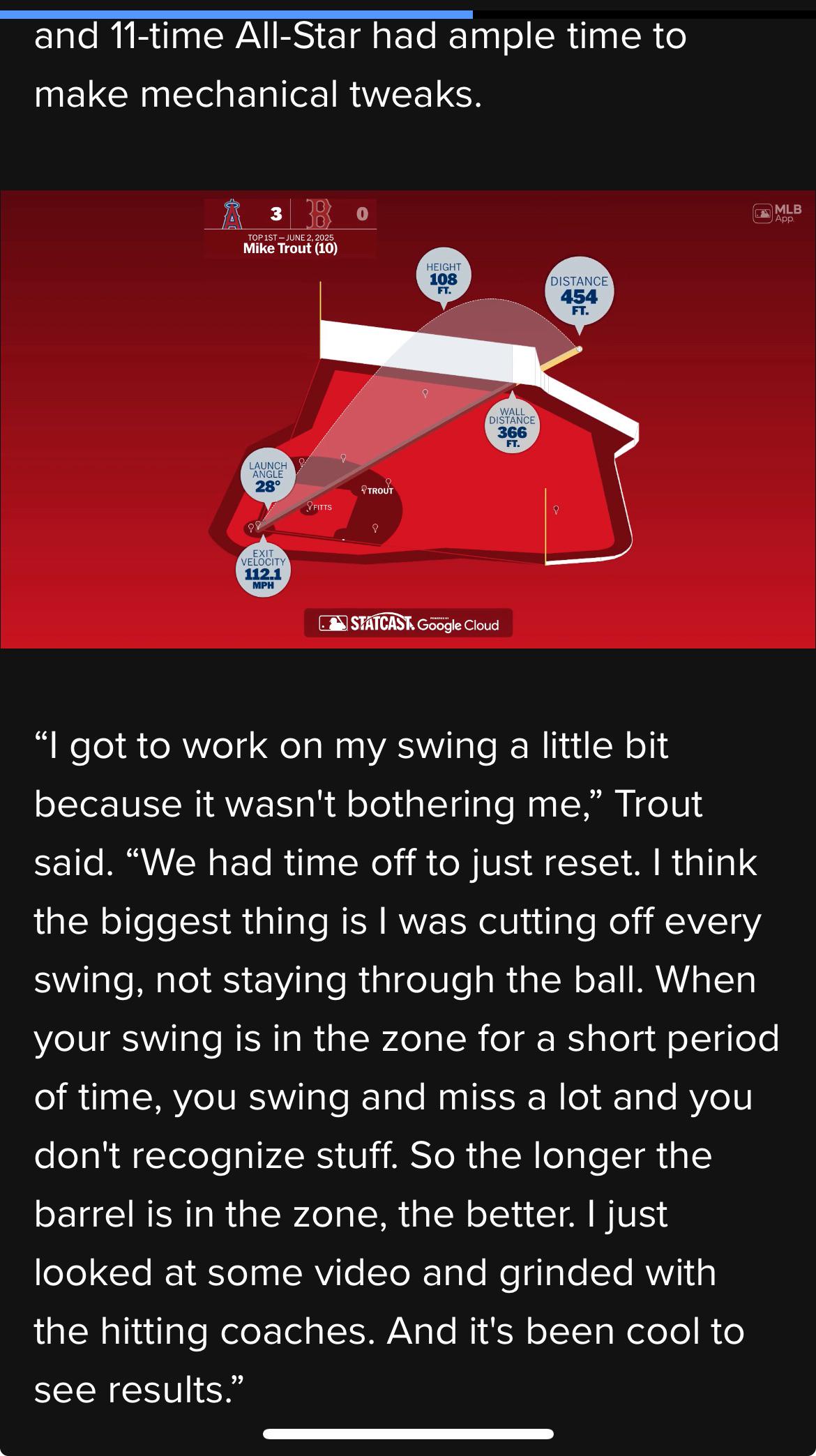 Trout said he changed his swing during IL time and worked a lot with the Angels’ batting coaches – A Fenway first?! Neto, Trout, Adell make history with 1st-inning HRs
