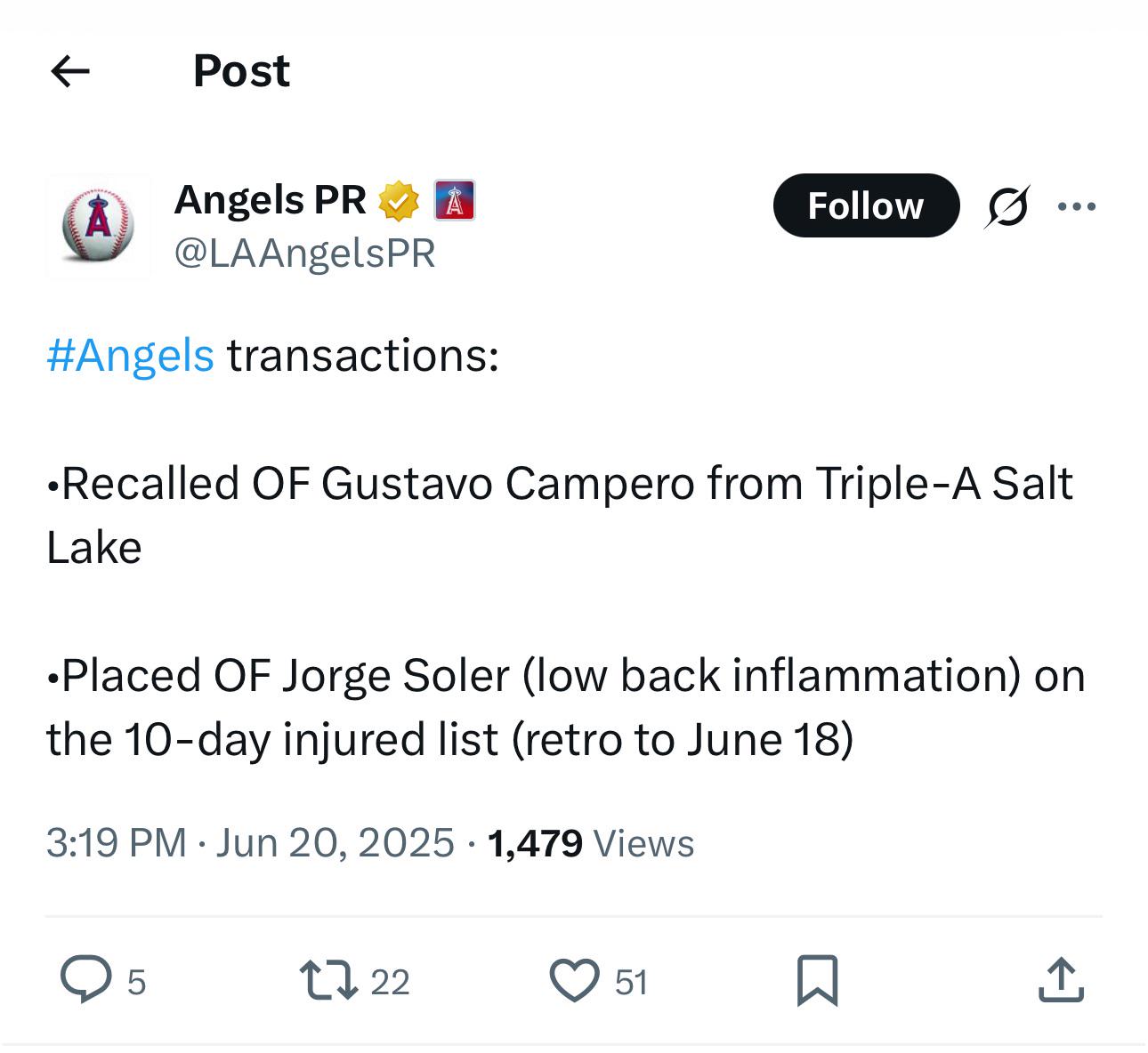 Soler on IL, Gustavo back up