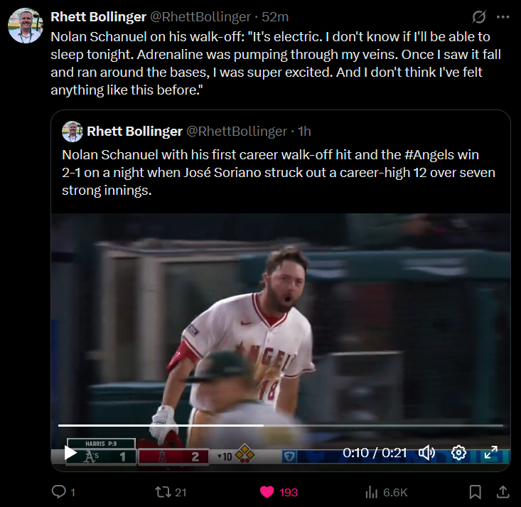 [Bollinger] Nolan Schanuel on his walk-off: “It’s electric. I don’t know if I’ll be able to sleep tonight. Adrenaline was pumping through my veins. Once I saw it fall and ran around the bases, I was super excited. And I don’t think I’ve felt anything like this before.”