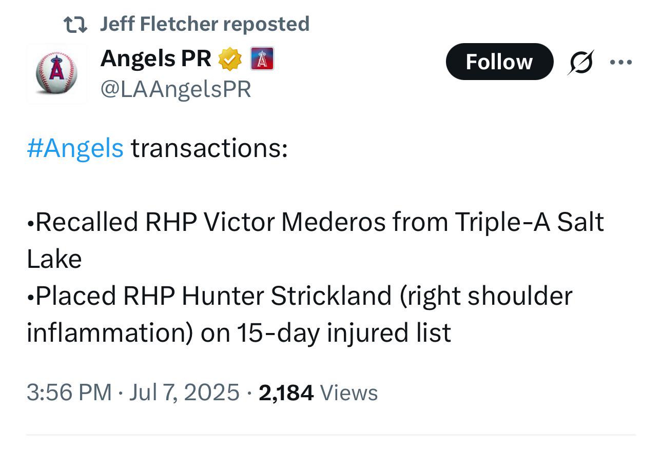 Mederos up, Strickland moved to 15 day IL