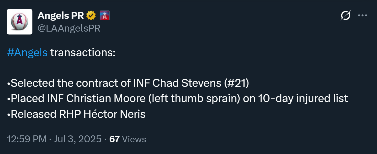 Confirmed, I guess with Neris out it frees a spot in the 40 man?