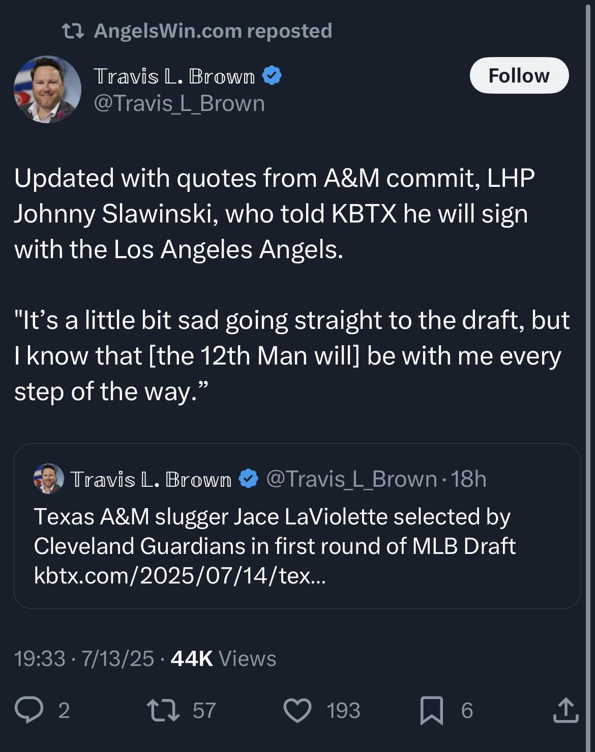 [Travis L. Brown] Updated with quotes from A&M commit, LHP Johnny Slawinski, who told KBTX he will sign with the Los Angeles Angels. “It’s a little bit sad going straight to the draft, but I know that [the 12th Man will] be with me every step of the way.”