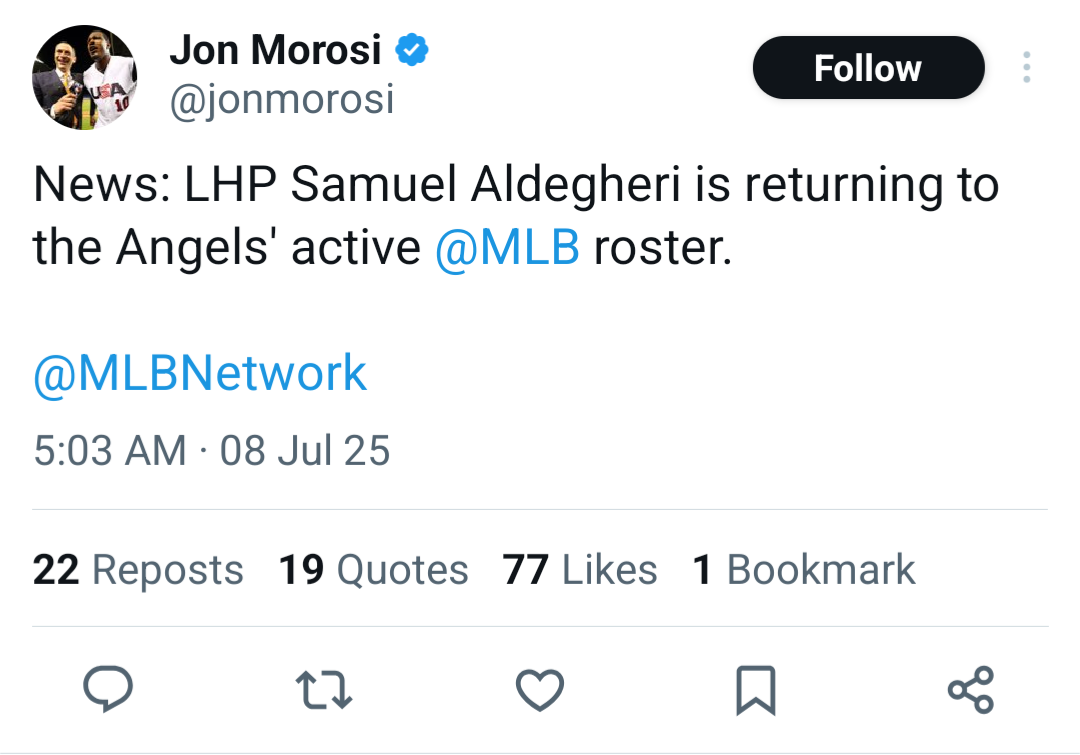 [Morosi] News: LHP Samuel Aldegheri is returning to the Angels’ active @MLB roster.