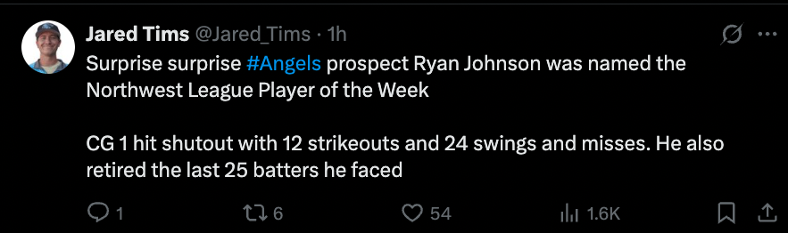 [Tims] Surprise surprise, Angels prospect Ryan Johnson was named the Northwest League Player of the Week