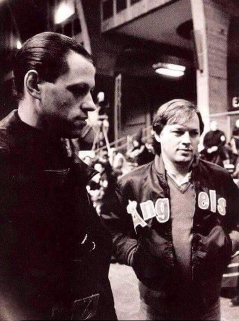 Just a picture of David Gilmour of Pink Floyd wearing an Angels jacket on the set of The Wall film