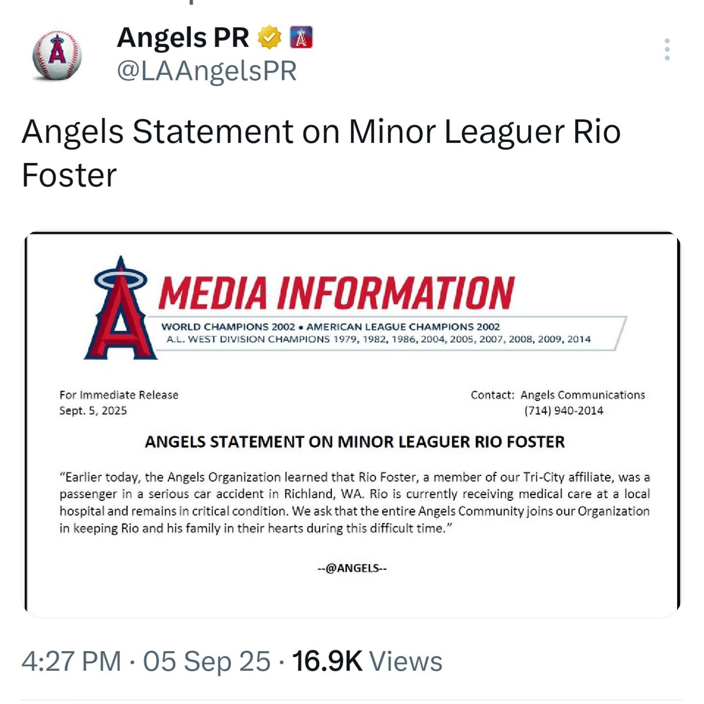 Halos prospect Rio Foster is in critical condition after being involved in a car accident