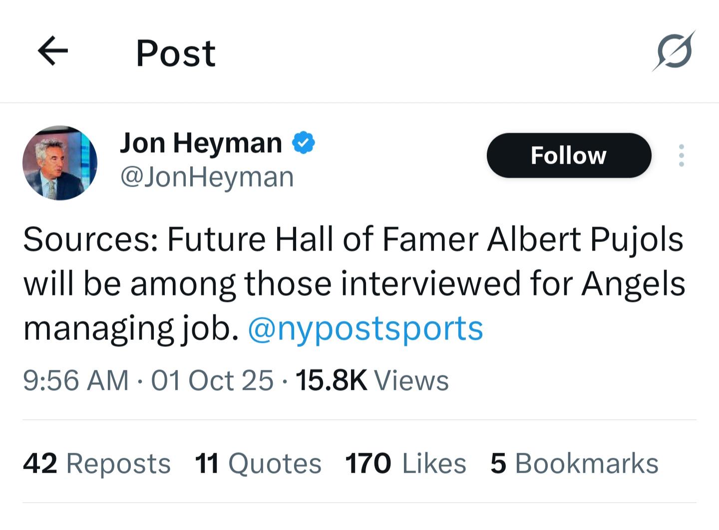 Pujols will be interviewed for the Angels manager job