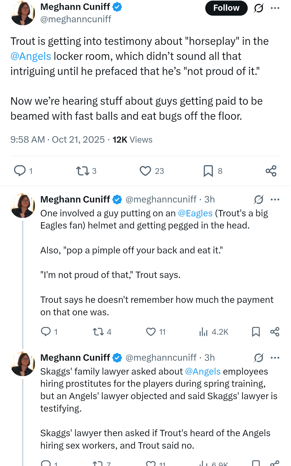 [Meghann Cuniff] Mike Trout testifying on “horseplay” in clubhouse