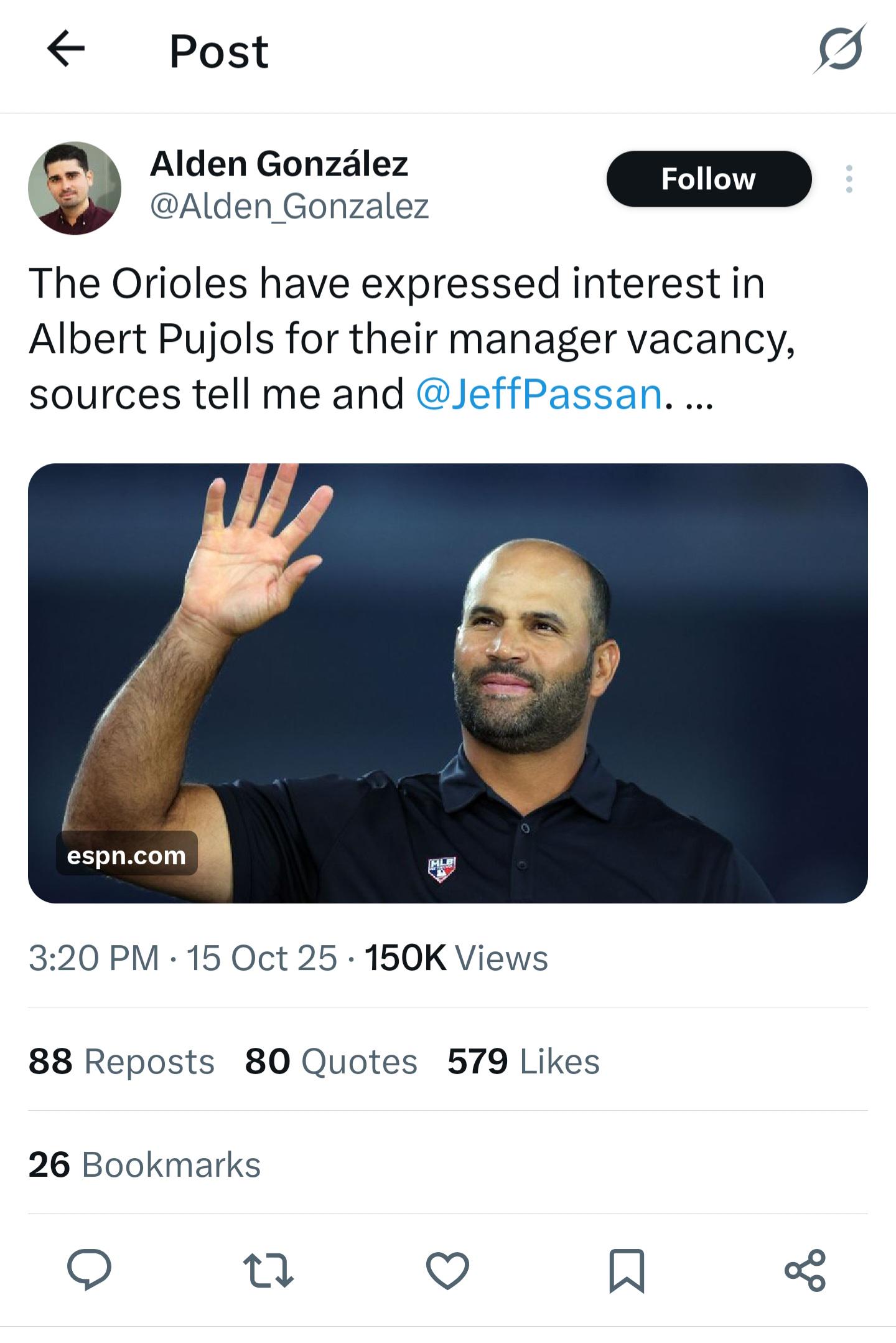 Orioles are going to interview Pujols for managers job