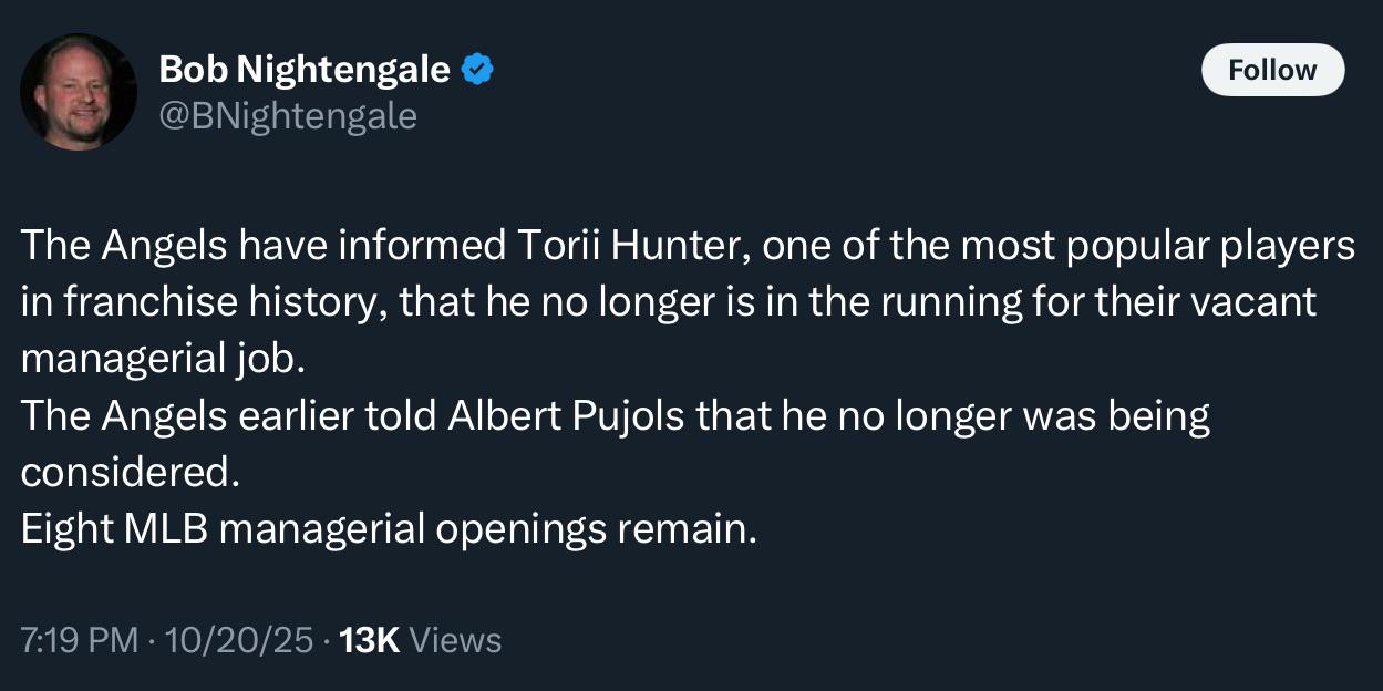 Torii Hunter no longer in race for manager