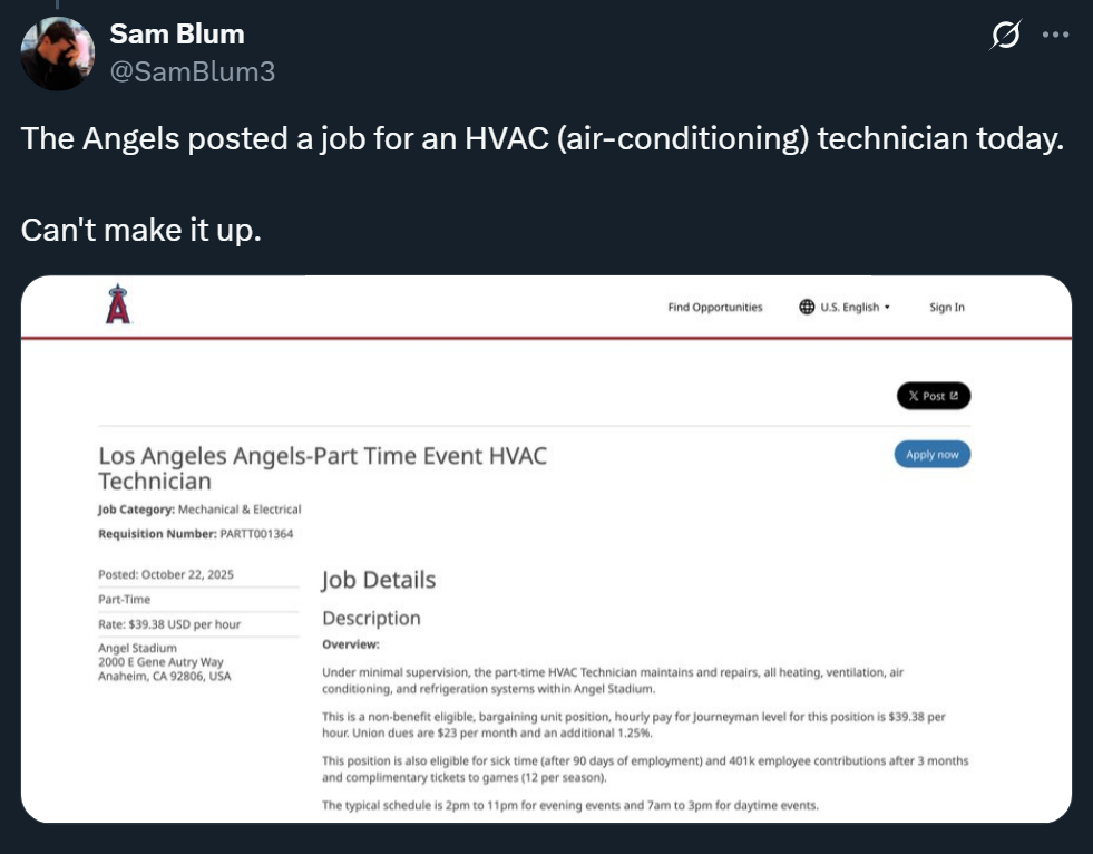 The Angels posted a job for an HVAC hiring today after Sam Blum grilled a hole in Perry Minasian LMAOOOOOOOOOOOO u cannot make this shit up