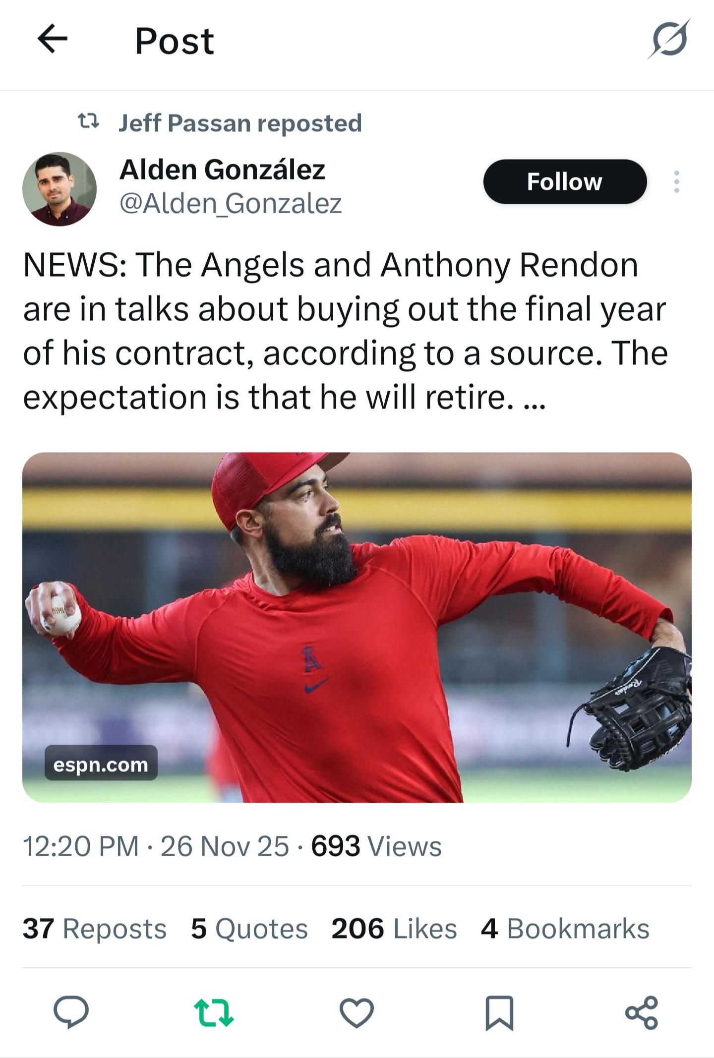 (Alden_Gonzalez)The Angels and Anthony Rendon are in talks about buying out the final year of his contract.