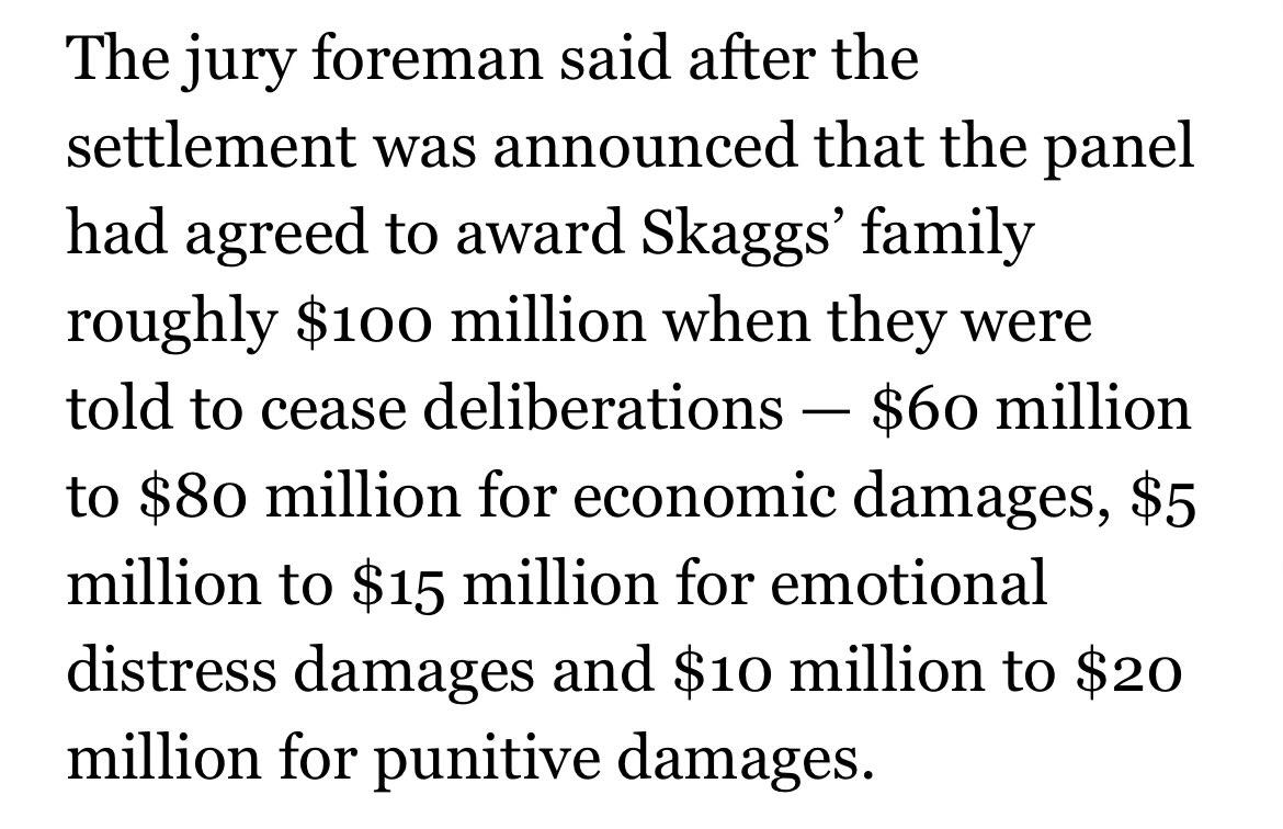 [LA Times] “The jury foreman said after the settlement was announced that the panel had agreed to award Skaggs’ family roughly $100 million when they were told to cease deliberations”