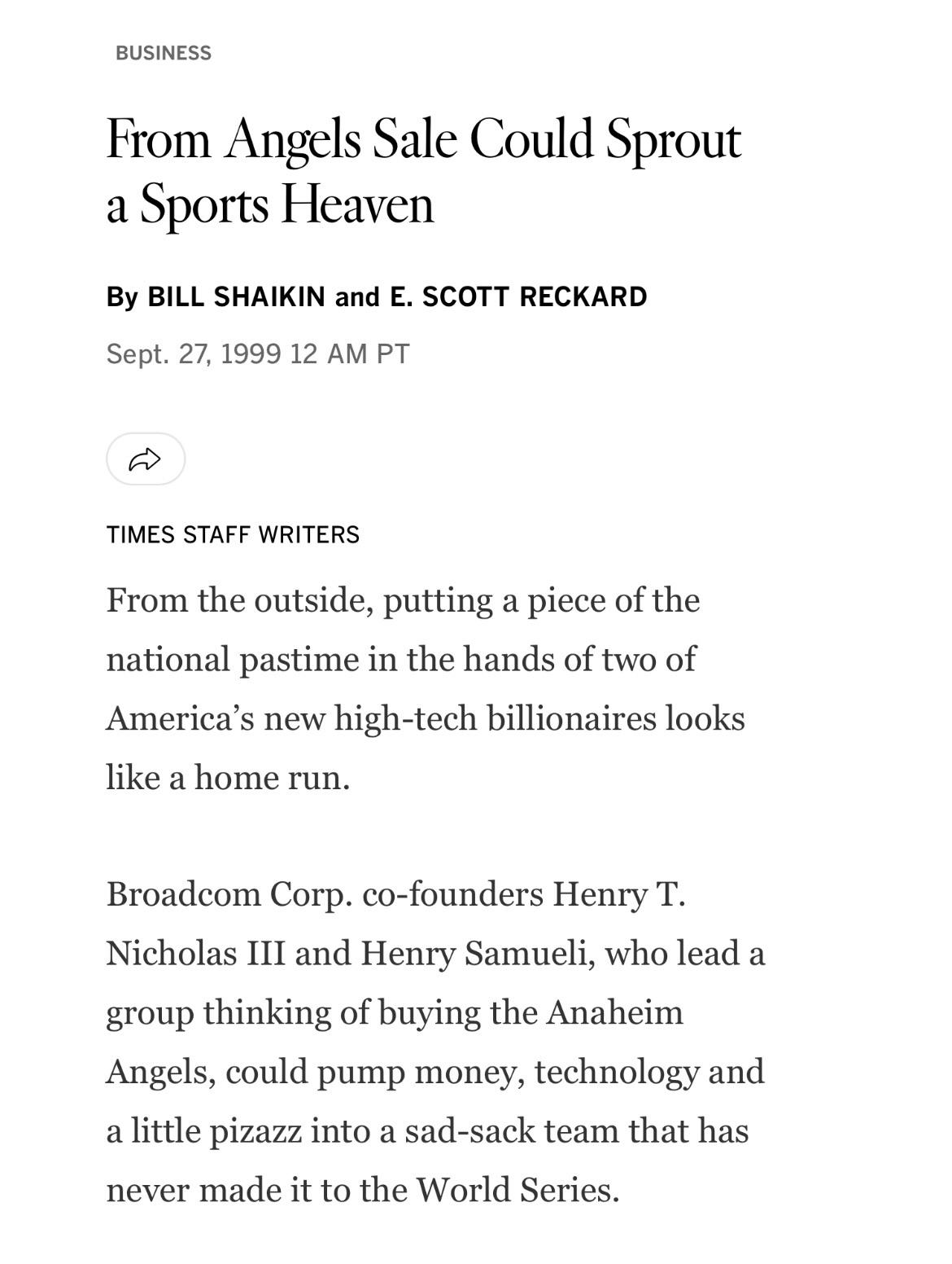 Apparently Henry Samueli has had interest in owning both the Ducks and Angels since the late 90s. With the OCVibe currently rising around Honda Center, it makes you wonder if the Halos are still on his radar. 🤔