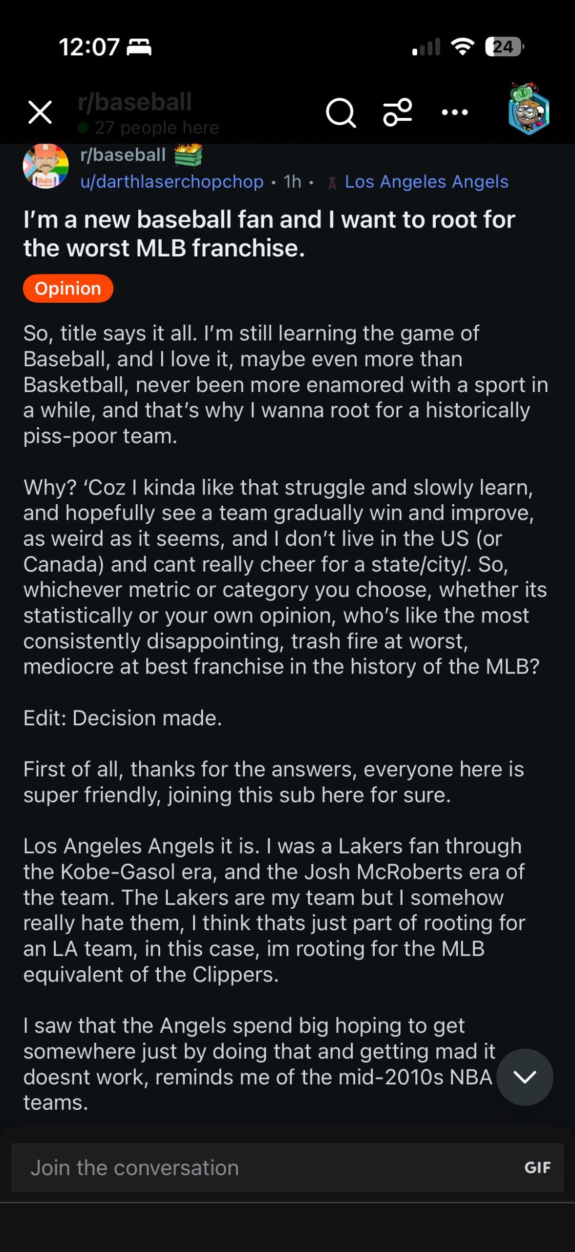 Wanted to be a fan of the worst baseball team and chose Angels over Rockies and White Sox