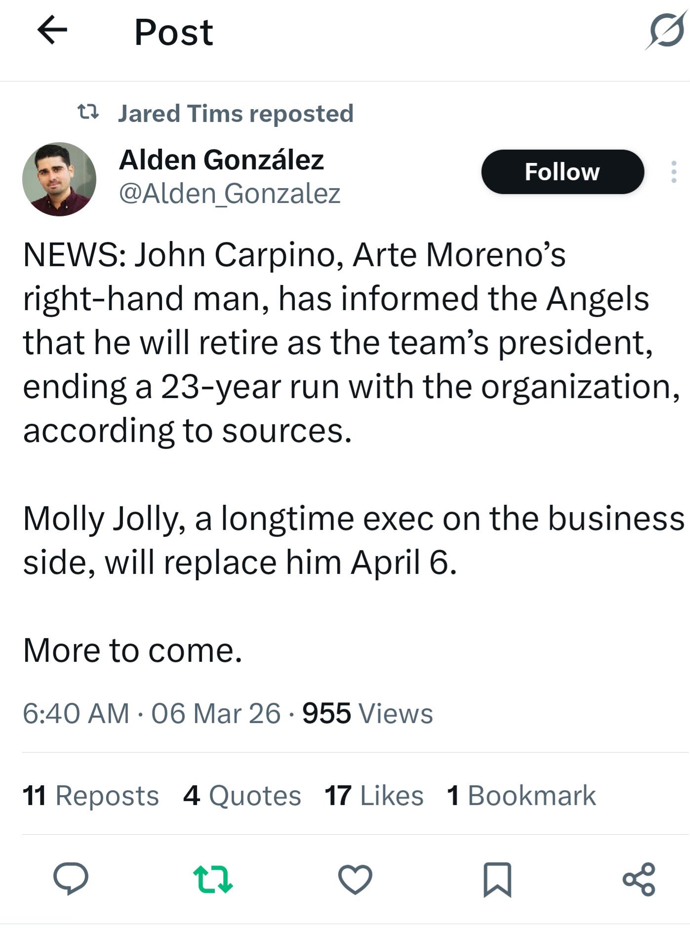 John Carpino to retire as the teams President